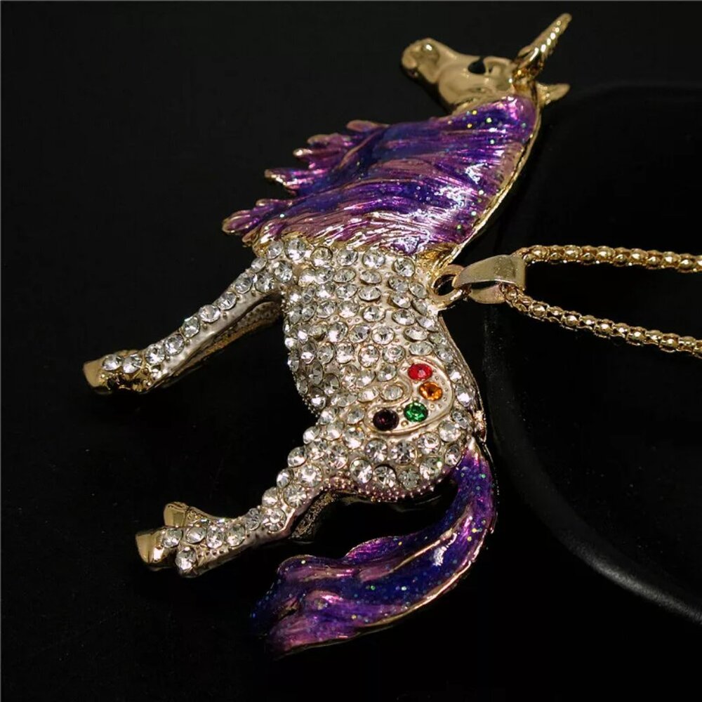 Betsey Johnson large rainbow or purplerhinestone enamel unicorn pendant necklace - Picture 4 of 7